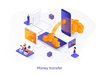 Para transferi izometrik web pankartı. İnternet bankacılığı mobil uygulama izometri kavramı. Çevrimiçi para transferi ve ödeme servisi 3D sahne tasarımı. İnsan karakterleri ile vektör illüstrasyonu.