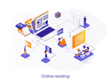 Çevrimiçi okuma izometrik web pankartı. Uzaklık eğitimi ve bilgi izometri kavramı. E-kitap okuma uygulaması 3D sahne, çevrimiçi kütüphane servis tasarımı. İnsan karakterleri ile vektör illüstrasyonu.
