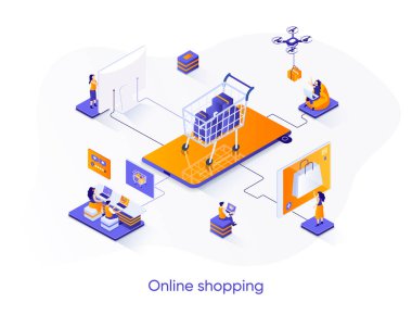 Çevrimiçi alışveriş izometrik web afişi. E-ticaret platformu izometri konsepti. Çevrimiçi alışveriş 3D sahne, sipariş ve dağıtım uygulaması tasarımı için web çözümü. İnsan karakterleri ile vektör illüstrasyonu