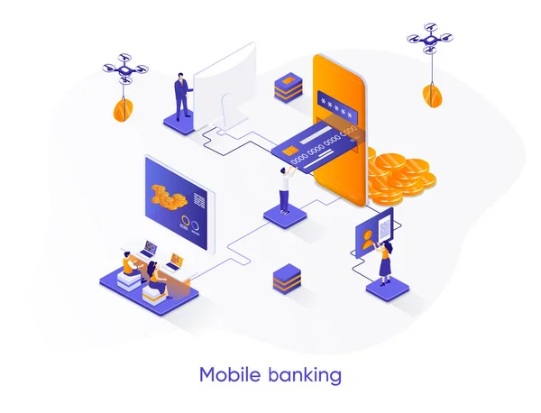 Mobil Bankacılık Izometrik Web Pankartı Dijital Cüzdan Fintech Mobil Uygulama — Stok Vektör