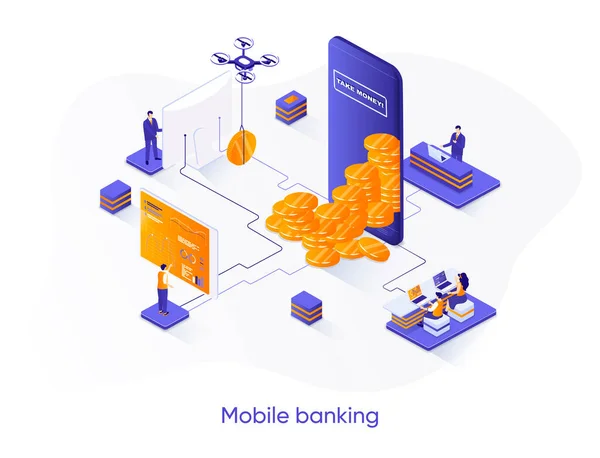 Banca Móvel Banner Web Isométrica Fintech Aplicação Móvel Para Conceito — Vetor de Stock