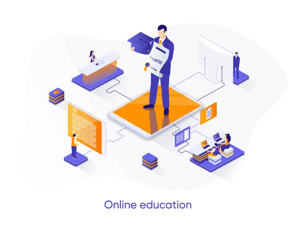 オンライン教育等のウェブバナー 距離学習プラットフォームのアイソメトリコンセプト オンラインウェブセミナーやトレーニング3Dシーン スキル開発フラットデザイン 人物とのベクターイラスト — ストックベクタ
