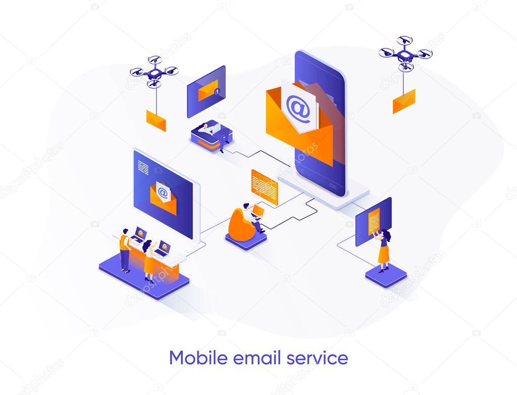 Mobile email service isometric web banner. Email smartphone app isometry concept. Social network messaging 3d scene, online people communication flat design. Vector illustration with people characters