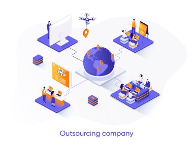 Dış kaynak şirketi izometrik web pankartı. Uzaktan çalışan işçiler ve izometri kavramını kullanan serbest çalışanlar. Dış kaynak yazılım geliştirme 3D sahne tasarımı. İnsan karakterleri ile vektör illüstrasyonu.