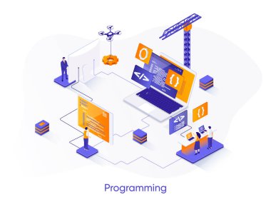 İzometrik web pankartı programlanıyor. Tam yığın yazılım geliştirme izometri kavramı. Mühendislik ve programlama 3D sahne, dış kaynak şirketi servis tasarımı. İnsan karakterleri ile vektör illüstrasyonu