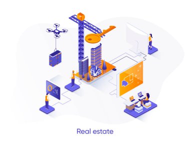 Emlak izometrik web pankartı. Mühendislik ve inşaat firması izometri kavramı. Emlakçılık, inşaat geliştirme, 3D sahne tasarımı. İnsan karakterleri ile vektör illüstrasyonu.