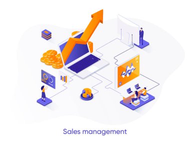 Sales management isometric web banner. Developing sales force isometry concept. Coordinating sales operations, marketing and data analysis 3d scene design. Vector illustration with people characters. clipart