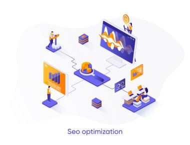 SEO optimizasyon izometrik web pankartı. İnternet analitiği, online araştırma izometri kavramı. İlgili aramalar için web sitesi optimizasyonu 3D sahne tasarımı. İnsan karakterleri ile vektör illüstrasyonu.