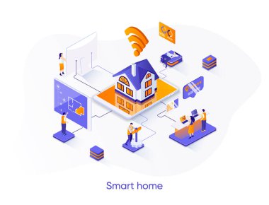 Akıllı ev izometrik web pankartı. Çevrimiçi ev kontrolü, izleme ve yönetim izometri kavramı. Ev sistemi otomatikleştirme teknolojisi 3D sahne tasarımı. İnsan karakterleri ile vektör illüstrasyonu.