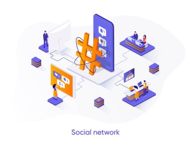 Sosyal ağ izometrik web pankartı. İnternet topluluk iletişimi izometri kavramı. Sosyal medya içeriği 3D sahneyi paylaşıyor, mesajın düz tasarımı yayınlanıyor. İnsan karakterleri ile vektör illüstrasyonu.