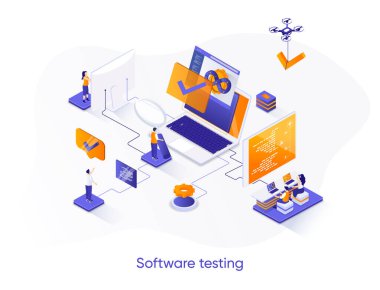 Yazılım testi izometrik web pankartı. Yazılım hata ayıklama ve kalite güvencesi izometri kavramı. Hata ve analiz sürecinin 3D sahne tasarımını araştır. İnsan karakterleri ile vektör illüstrasyonu.