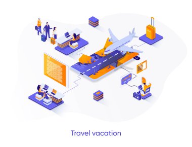 Seyahat tatili izometrik web pankartı. Tur ajansı izometri konsepti. Trip organizasyonu, online check-in ve uçuş rezervasyon çözümü 3D sahne tasarımı. İnsan karakterleri ile vektör illüstrasyonu.