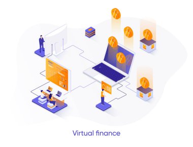 Sanal finans izometrik web pankartı. İnternet bankacılığı isometri konsepti. Finansal yönetim 3D sahnesi, çevrimiçi para transferi ve ödeme tasarımı. İnsan karakterleri ile vektör illüstrasyonu.