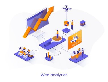 Web analitik izometrik web pankartı. Çevrimiçi iş analizi izometri konsepti. Veri analiz servisi 3D sahne, hisse senedi ticareti düz tasarım. İnsan karakterleri ile vektör illüstrasyonu.