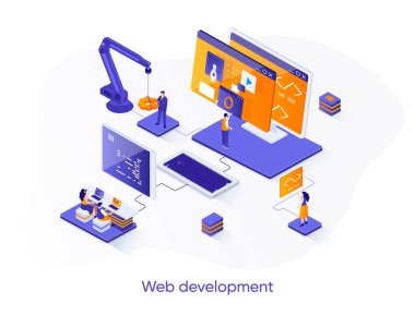 Web geliştirme izometrik web pankartı. Tam yığın geliştirme şirketi izometri konsepti. Yazılım mühendisliği 3D sahne, uygulama tasarımı ve programlama. İnsan karakterleri ile vektör illüstrasyonu.