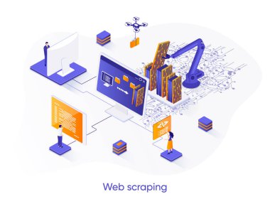 Web kazıma izometrik web afişi. Veri çıkarma yazılımı izometri kavramı. Otomatik toplama ve web 3D sahne tasarımından ham verileri ayrıştırma süreci. İnsan karakterleri ile vektör illüstrasyonu.
