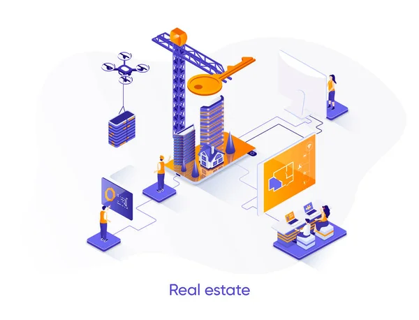 Imobiliário Isométrico Web Banner Conceito Isometria Empresa Engenharia Construção Agência —  Vetores de Stock