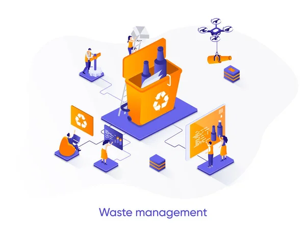 廃棄物管理等のウェブバナー ごみ利用等のアイソメトリーコンセプトの管理 廃棄物収集 分別およびリサイクル3Dシーン 人物とのベクターイラスト — ストックベクタ