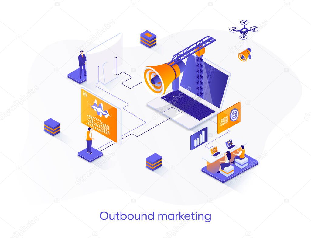 Outbound marketing isometric web banner. Online advertising and promotion in social media isometry concept. Outbound marketing activities 3d scene design. Vector illustration with people characters.