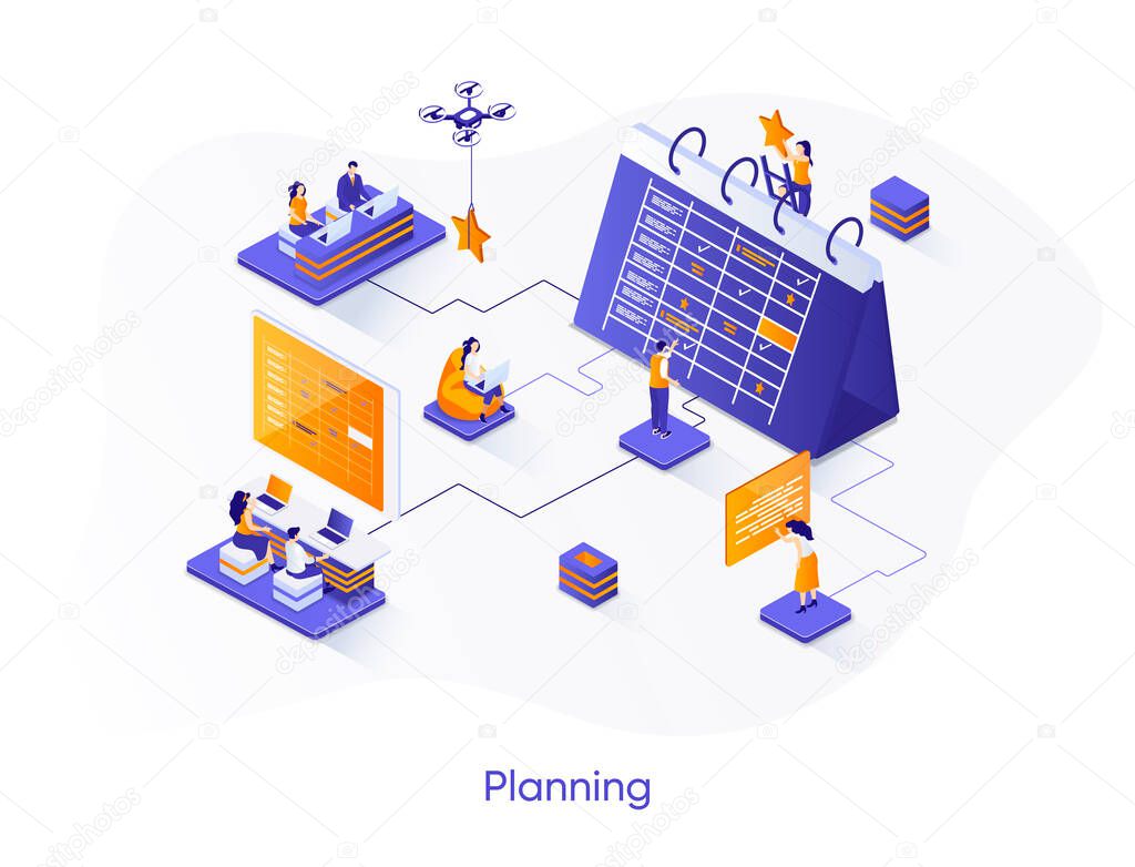 Business planning isometric web banner. Business planning, organizing work activities and tasks isometry concept. Time management, high productivity 3d scene. Vector illustration with people character