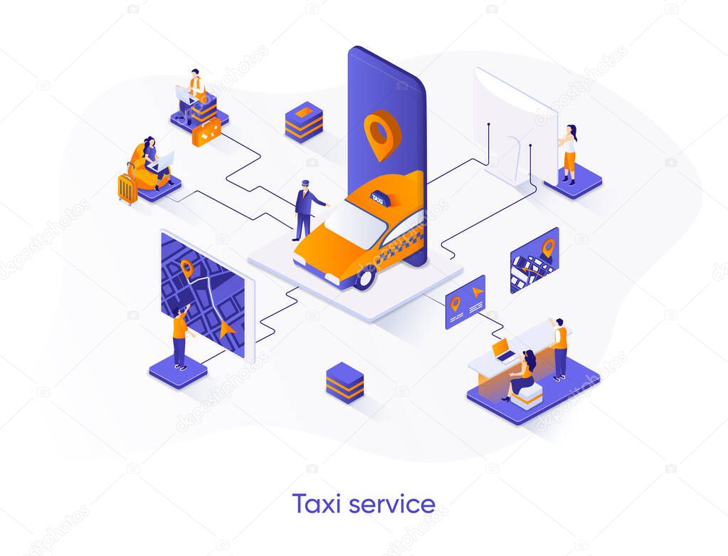 Taxi service isometric web banner. Web application for online taxi order isometry concept. Booking service 3d scene, passenger transportation flat design. Vector illustration with people characters.