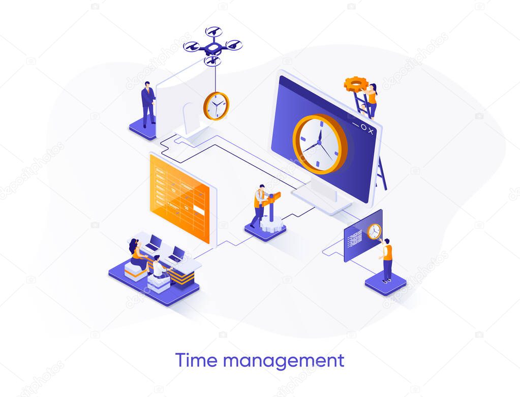 Time management isometric web banner. Effective planning workflow, performing tasks isometry concept. Adherence to deadlines, high work productivity 3d scene. Vector illustration with people character