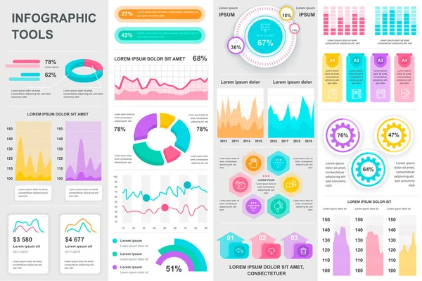 Bundel Infografische Kit Elementen Verschillende Grafieken Diagrammen Workflow Stroomschema Tijdlijn — Stockvector