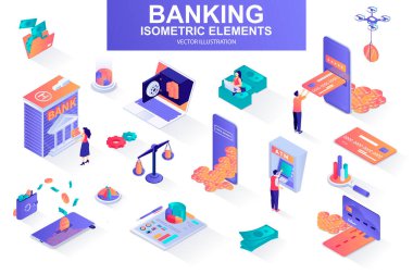 Bankacılık hizmetleri izometrik elementlerle dolu. Dijital cüzdan, banka binası, kredi kartı, mobil uygulama, ATM terminali, ödeme izole ikonları. İnsan karakterli Isometric vektör illüstrasyon kiti.