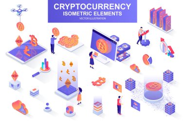 İzometrik elementlerin kripto para demeti. Bitcoin, litekoin ve ethereum kripto para birimi, madencilik donanımı, fintech uygulama izole ikonlar. İnsan karakterli Isometric vektör illüstrasyonu.