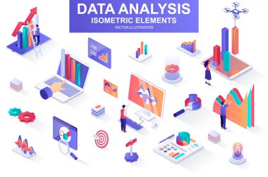 İzometrik elementlerin veri analiz paketi. Büyüme tablosu, iş bilgileri, araştırma araçları, analitik veriler, finansal indeks izole simgeler. İnsan karakterli Isometric vektör illüstrasyon kiti