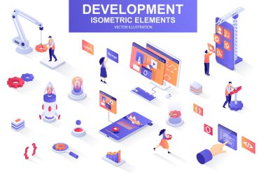 İzometrik elementlerden oluşan bir şirket paketi. Arayüz prototipi, arka uç geliştirme, geliştirici programlama, proje başlatma ikonları. İnsanlarla Isometric vektör illüstrasyon kiti.