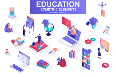 İzometrik elementlerin eğitim paketi. Akademik başlık, çevrimiçi kütüphane, öğrenim, uzaktan öğrenme, webinar, ev ödevi izole edilmiş ikonlar. İnsan karakterli Isometric vektör illüstrasyon kiti.