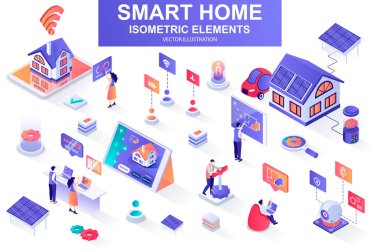 İzometrik elementlerin akıllı ev demeti. Güneş enerjisi üretimi, klima, otomasyon, kontrol ve izole edilmiş ikonlar. İnsan karakterli Isometric vektör illüstrasyon kiti.