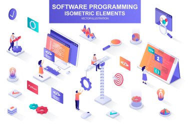 İzometrik elementlerin yazılım programlama paketi. Program dilleri, geliştirici, yazılım mühendisliği, arka uç geliştirme ikonları. İnsan karakterli Isometric vektör illüstrasyon kiti.