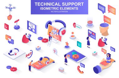 Technical support bundle of isometric elements. Chatbot, call center operator, headset, hotline consultant, online assistance isolated icons. Isometric vector illustration kit with people characters. clipart