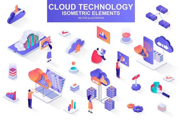 Cloud Technologie Bündel Aus Isometrischen Elementen Server Rack Hosting Provider — Stockvektor