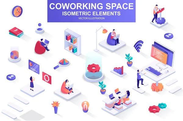 Izometrikus Elemek Coworking Space Köteg Szabadúszó Munka Laptop Coworking Space — Stock Vector