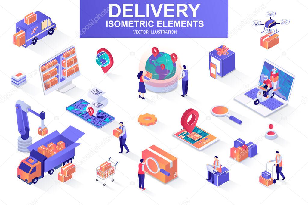 Delivery service bundle of isometric elements. Courier on scooter, delivery truck, pinpointer, warehouse worker, quadcopter, delivery box isolated icons. Isometric vector illustration kit with people.