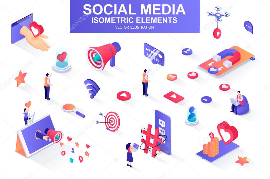 Social media bundle of isometric elements. Customer targeting, loudspeaker, smm service, mobile marketing, referral program isolated icons. Isometric vector illustration kit with people characters.