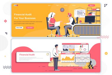 Mali denetim iniş sayfaları ayarlandı. İş yardımı ve danışmanlık şirketi web sitesi. İnsan karakterli düz vektör çizimi. Web konsepti başlık, dipnot veya orta içerik olarak kullanılıyor.