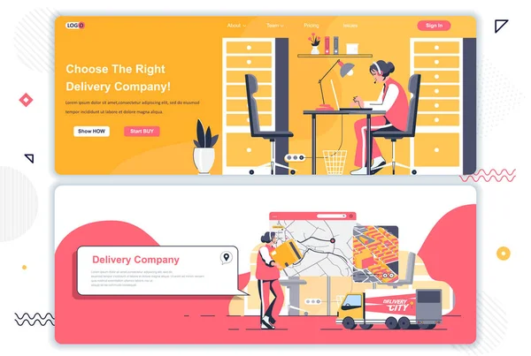 Delivery Company Landing Pages Set Logistics Warehousing Shipping Corporate Website — Archivo Imágenes Vectoriales
