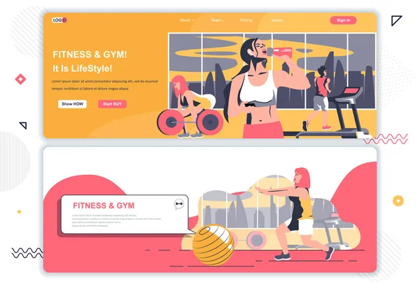 Fitness Gym Landing Pages Set Sports Club Workout Training Space — Vector de stock