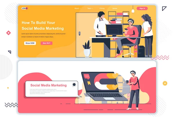 Social Media Marketing Landingspagina Ingesteld Sociale Netwerk Marketing Campagne Corporate — Stockvector