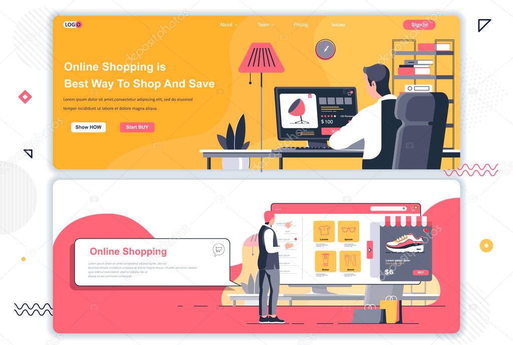 Online shopping landing pages set. Internet marketplace, store platform corporate website. Flat vector illustration with people characters. Web concept use as header, footer or middle content.