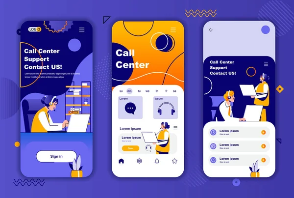 Call center kit de conception unique pour les histoires de réseaux sociaux. Soutien à la clientèle, assistance téléphonique opérateur modèles d'écran mobile. Illustration vectorielle des mises en page UI UX. Jeu d'interface graphique avec personnages de personnes. — Image vectorielle