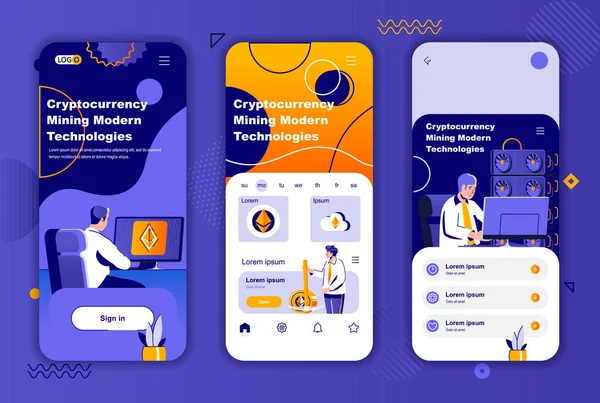 Kit de diseño único de minería criptomoneda para historias de redes sociales. Plantillas de pantalla móvil de tecnología minera Blockchain para aplicación. UI UX diseños ilustración vectorial. Conjunto de interfaz gráfica con personajes de personas. — Archivo Imágenes Vectoriales