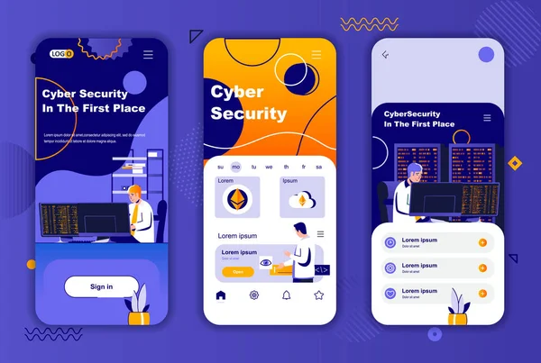 Kit de diseño único de seguridad cibernética para historias de redes sociales. Asistencia en ciberseguridad y plantillas de pantalla móvil de software para la aplicación. UI UX diseños ilustración vectorial. Conjunto de interfaz gráfica con personajes de personas. — Archivo Imágenes Vectoriales