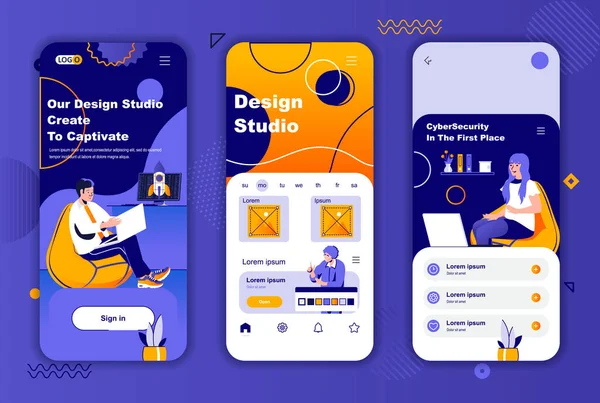 Design studio unico kit di design per storie di social network. Sviluppo front-end, avvio progetto lanciare schermi mobili per app. UI layout UX illustrazione vettoriale. GUI impostato con personaggi di persone. — Vettoriale Stock