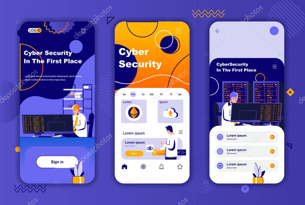 Cyber security unique design kit for social networks stories. Cybersecurity assistance and software mobile screen templates for app. UI UX layouts vector illustration. GUI set with people characters.
