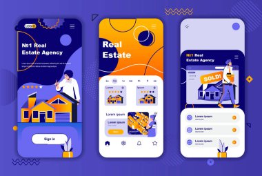 Sosyal medya hikayeleri için emlak eşsiz tasarım kiti. Emlak ajansı, uygulama için taşınabilir platform ekran şablonları. UI UX vektör illüstrasyonunu düzenler. İnsan karakterleriyle GUI seti.